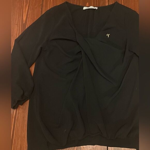 Rinascemento Blouse Sz Medium Italian Black Draped Front Low High Hem - Picture 2 of 12